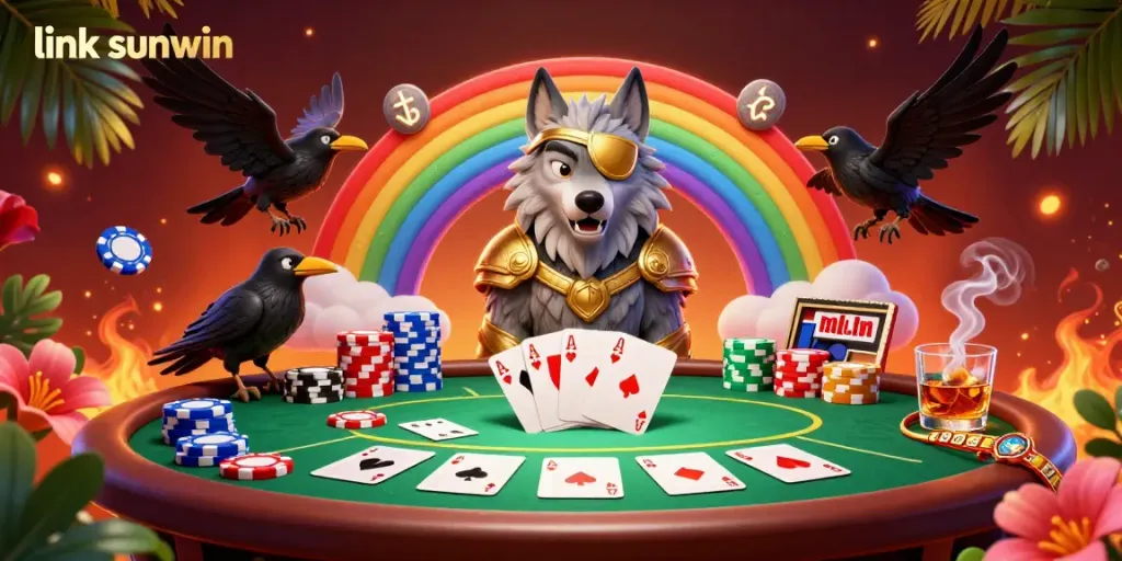 Experience the dynamic world of gaming with "link sunwin" illustrated in a vibrant 3D scene featuring Odin and casino elements.