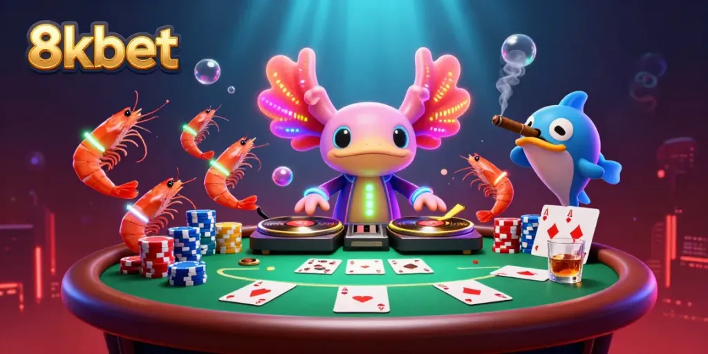 Experience the excitement of 8xbet with a neon axolotl DJ spinning records in a vibrant underwater casino scene.