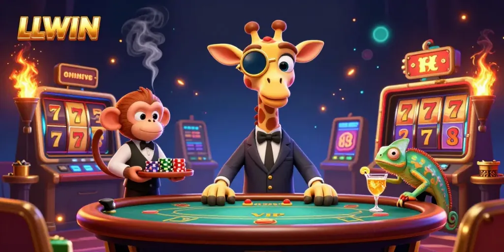 Experience the thrill of LLWIN with a vibrant 3D casino scene featuring playful characters and exciting gambling elements.