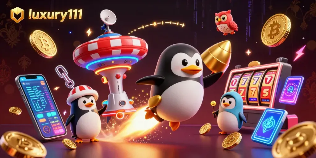 Experience thrilling wins with luxury111 at a vibrant casino space, filled with golden coins and slot reels.