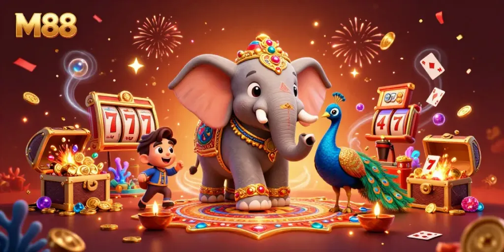 M88 offers a vibrant gambling scene featuring an ornate elephant, treasure chests, and colorful slot elements.