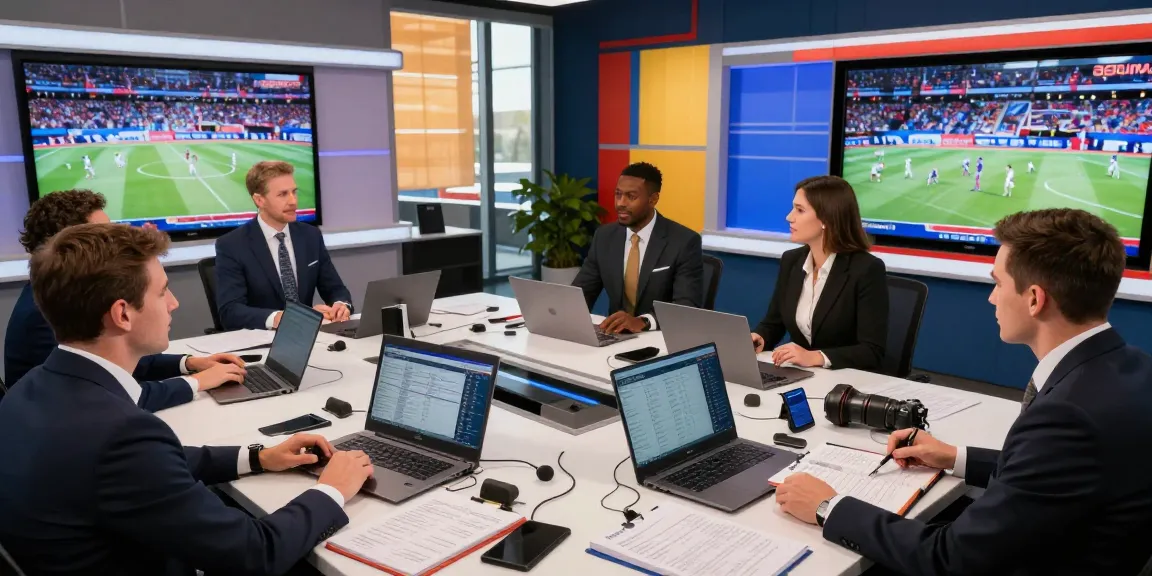 Sports journalists in vibrant newsroom creating gourmeticat sports news content with live game statistics.
