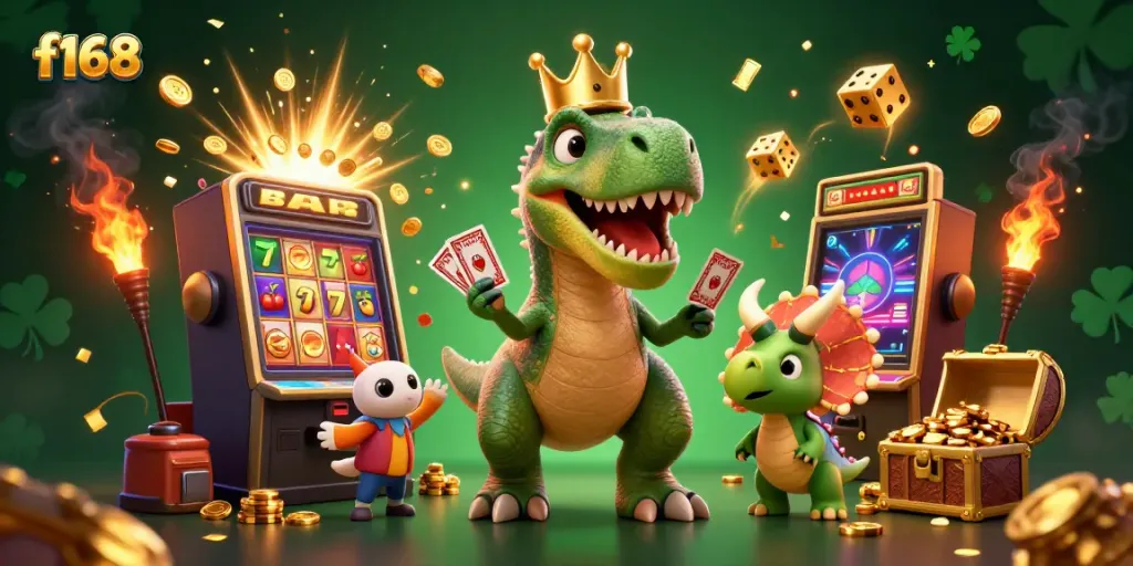 Engage with f168 as T-Rex and friends celebrate wins at a vibrant, animated casino scene.