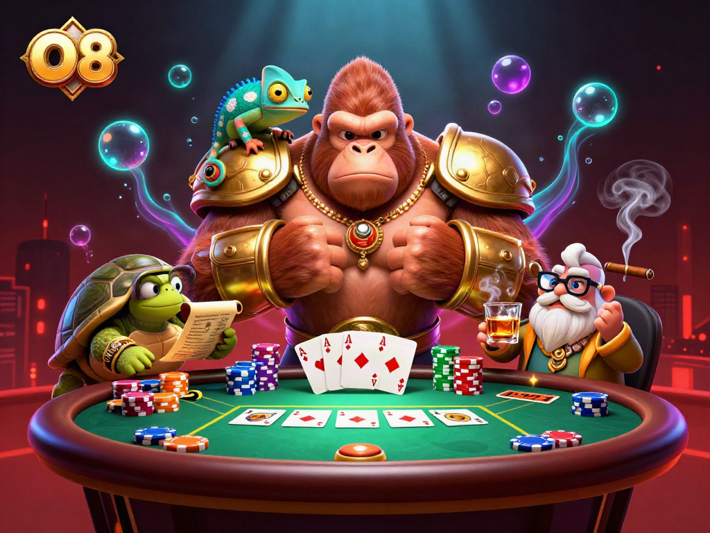 O8 immersive casino experience with a powerful gorilla in armor and poker elements