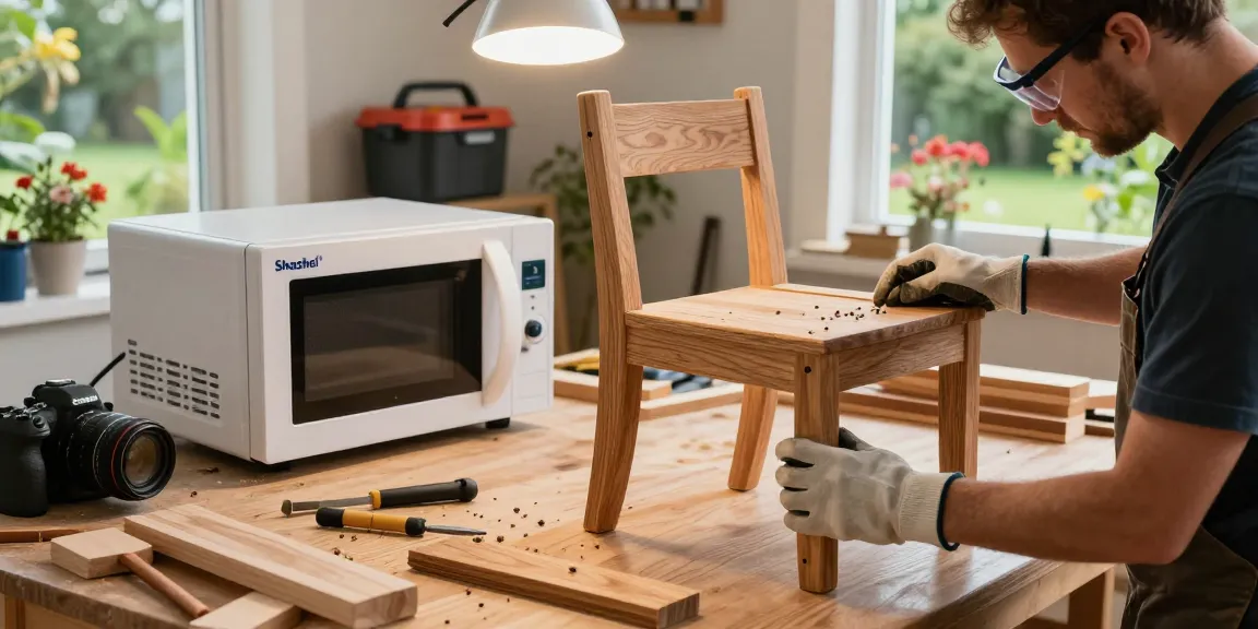 Craftsman using Shashel® microwave technology to eliminate wood-boring beetles in a workshop, highlighting innovative pest control.