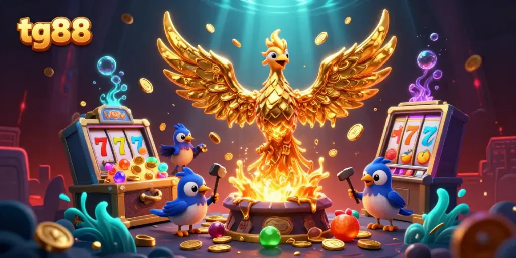 Experience thrilling wins with tg88 as a molten phoenix transforms into gold among vibrant slot symbols.
