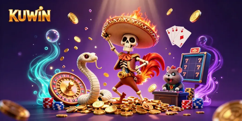 Experience the excitement of gambling with KUWIN’s vibrant illustration featuring characters celebrating on golden coins.