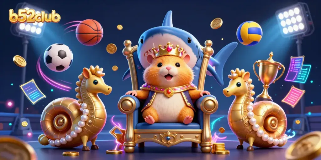 B52club showcases an engaging 3D scene with a golden hamster king and dynamic sports elements in a vibrant casino setting.