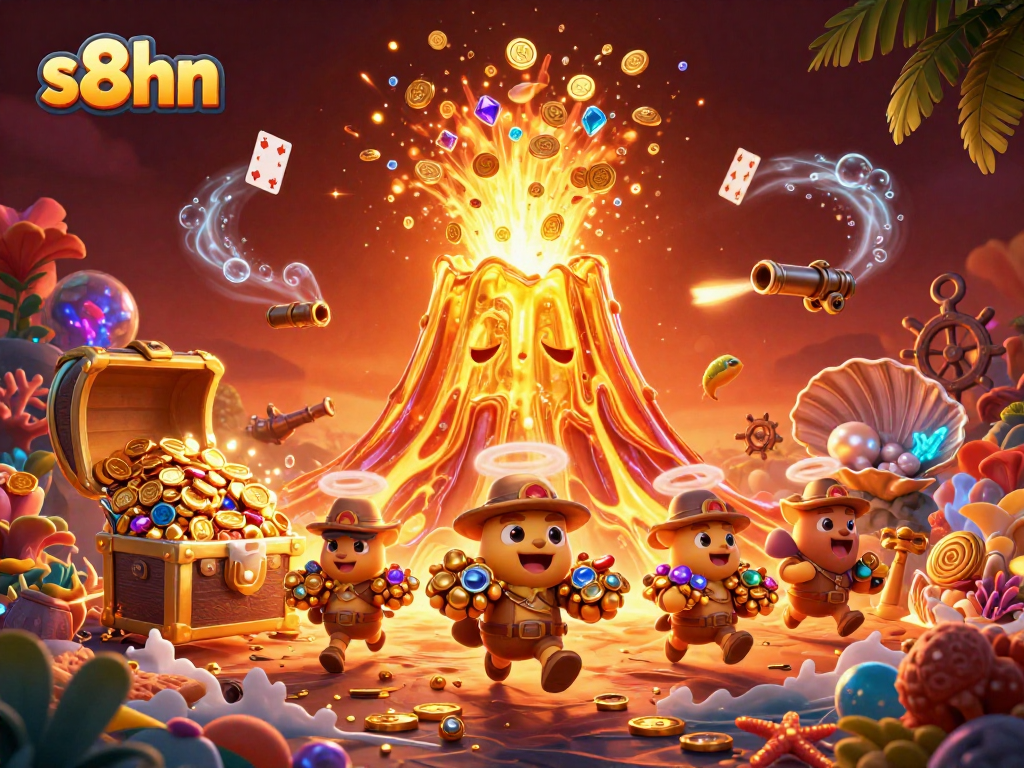 Spin the reels of fortune at S8hn as treasure flows from the volcano amidst vibrant casino elements.