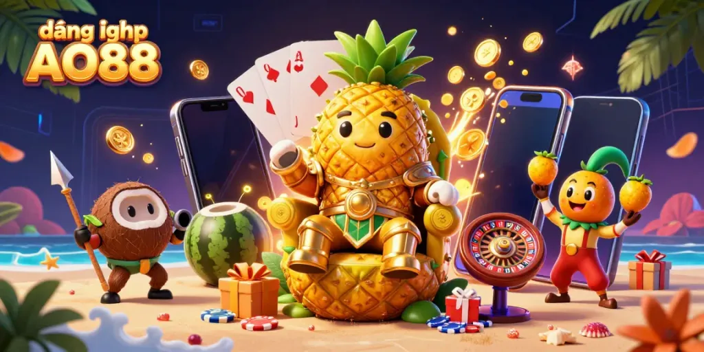 Engage in excitement with đăng nhập AO88 showcasing a vibrant 3D casino scene featuring golden pineapple king and playful game elements.