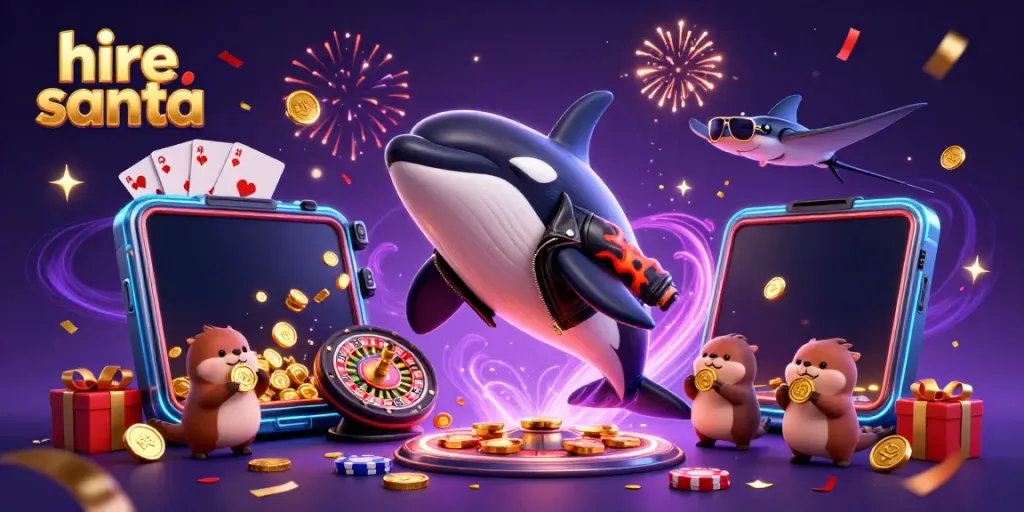 Engaging scene featuring a vibrant orca whale and cool stingray among golden coins while promoting hire santa services.