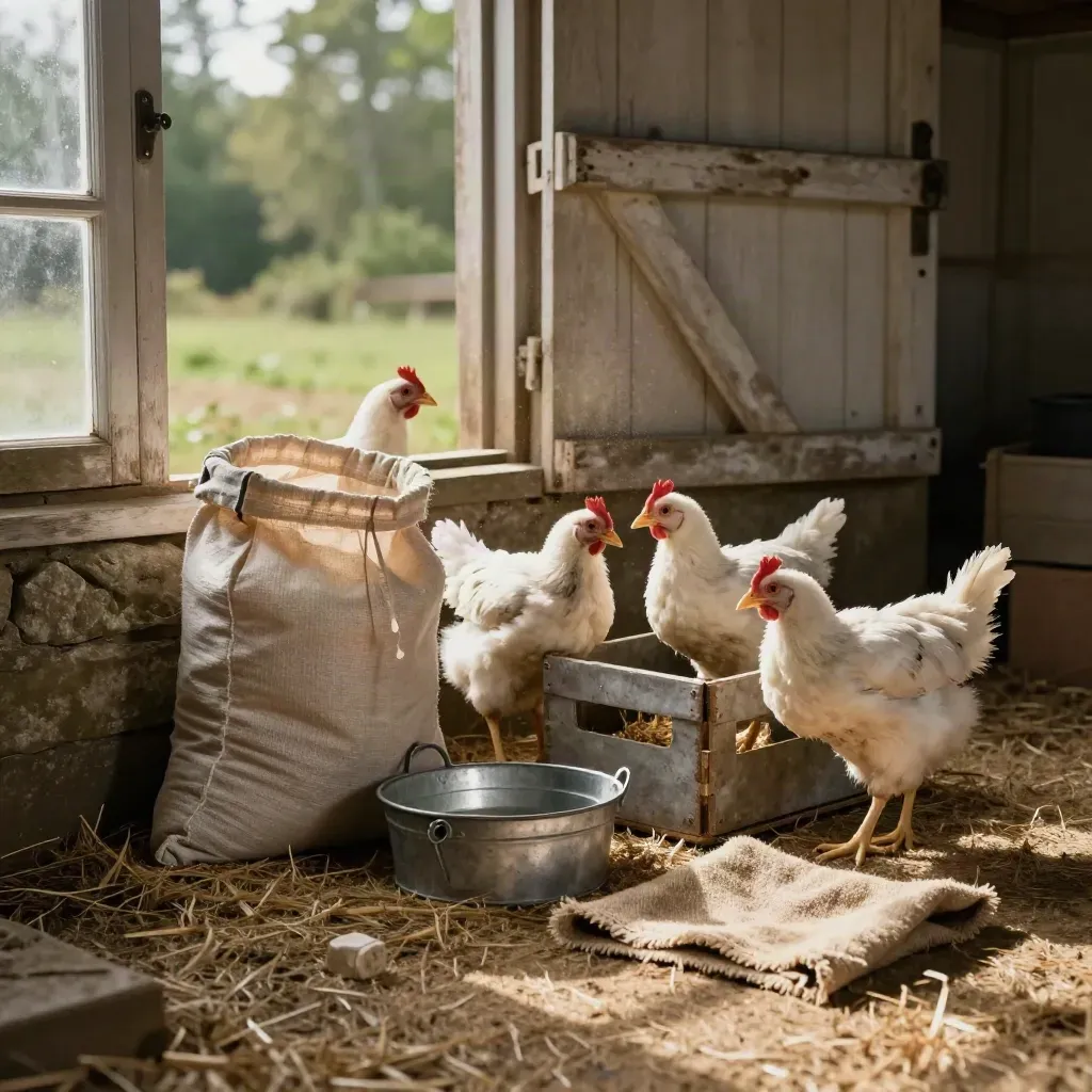 Starter flock bundle with feed sack, brooder crate, waterer and hessian mat at a coop doorway.