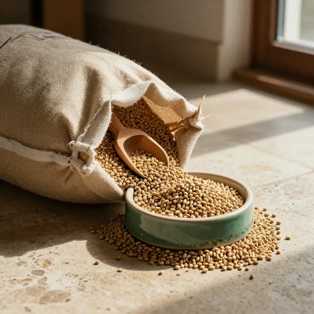 Layer pellets spilling from a sack with scoop and bowl on travertine