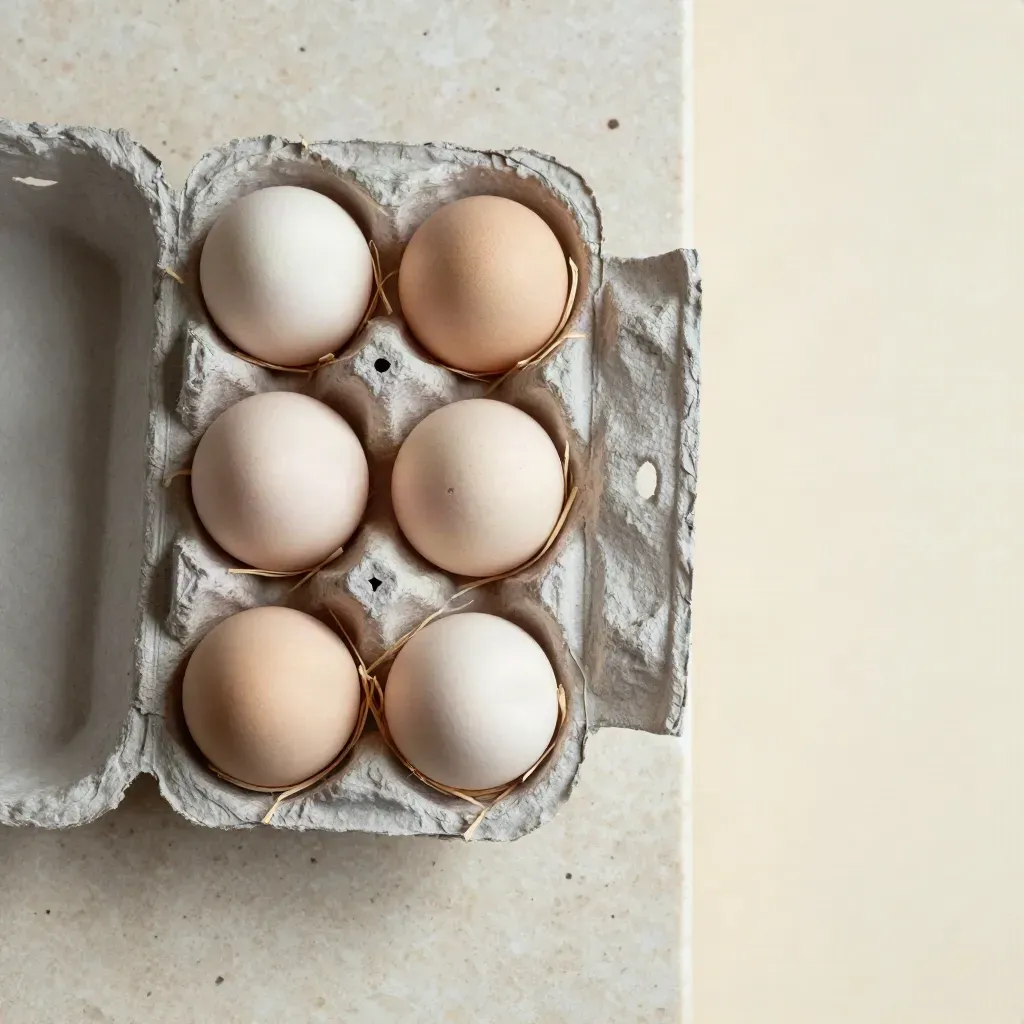 Six hatching eggs in a pulp tray with straw and a chipped egg cup on pale stone.