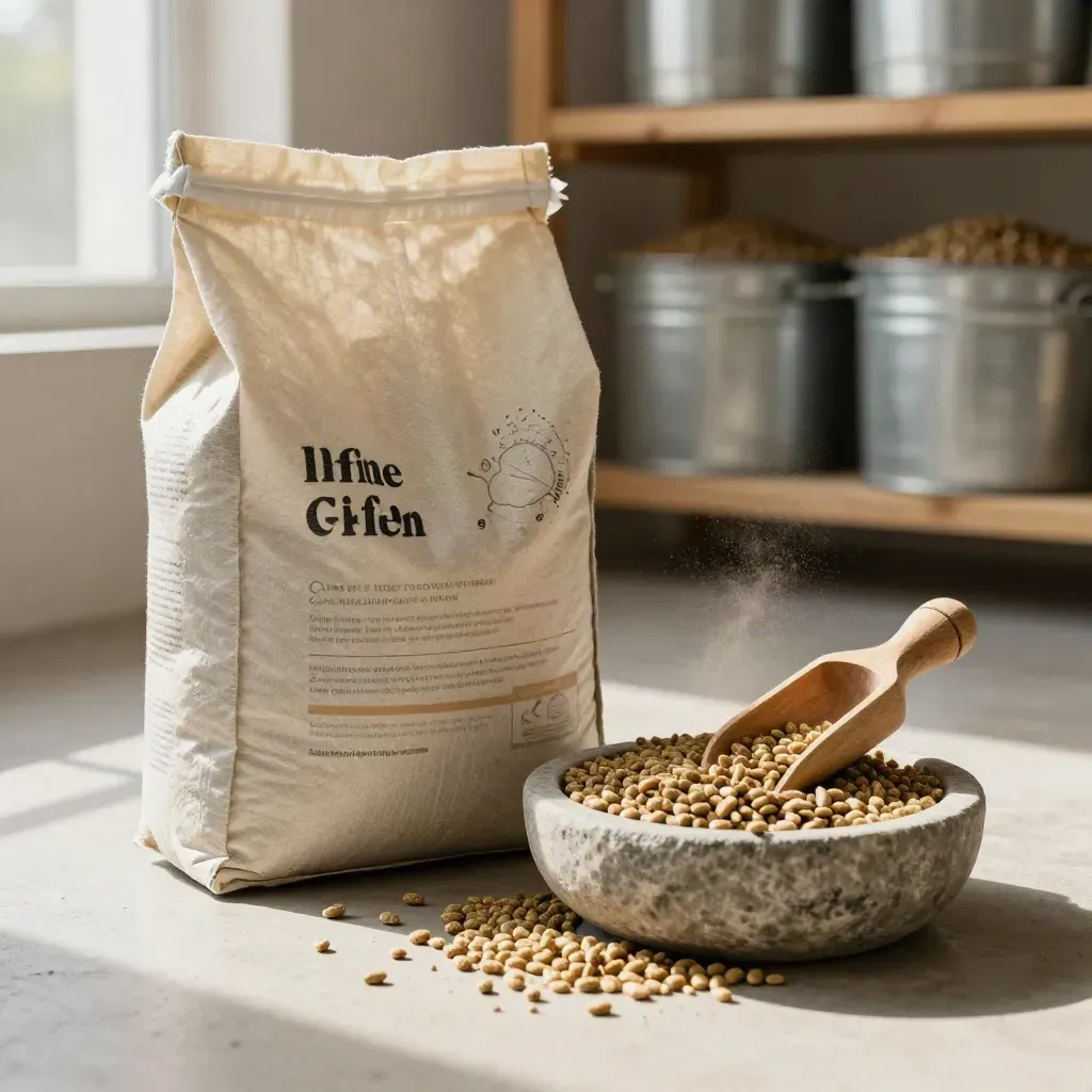 Unbranded grower feed sack spilling pellets beside a scoop and stone bowl on pale concrete.