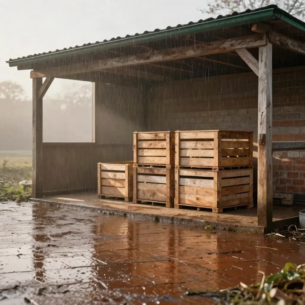 Rain-glossed poultry yard with a timber shelter and stacked crates in soft late sun.