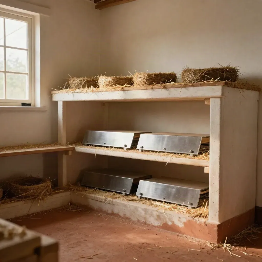 Pale incubator room with straw nests, glowing brooder light and quiet plaster shelves
