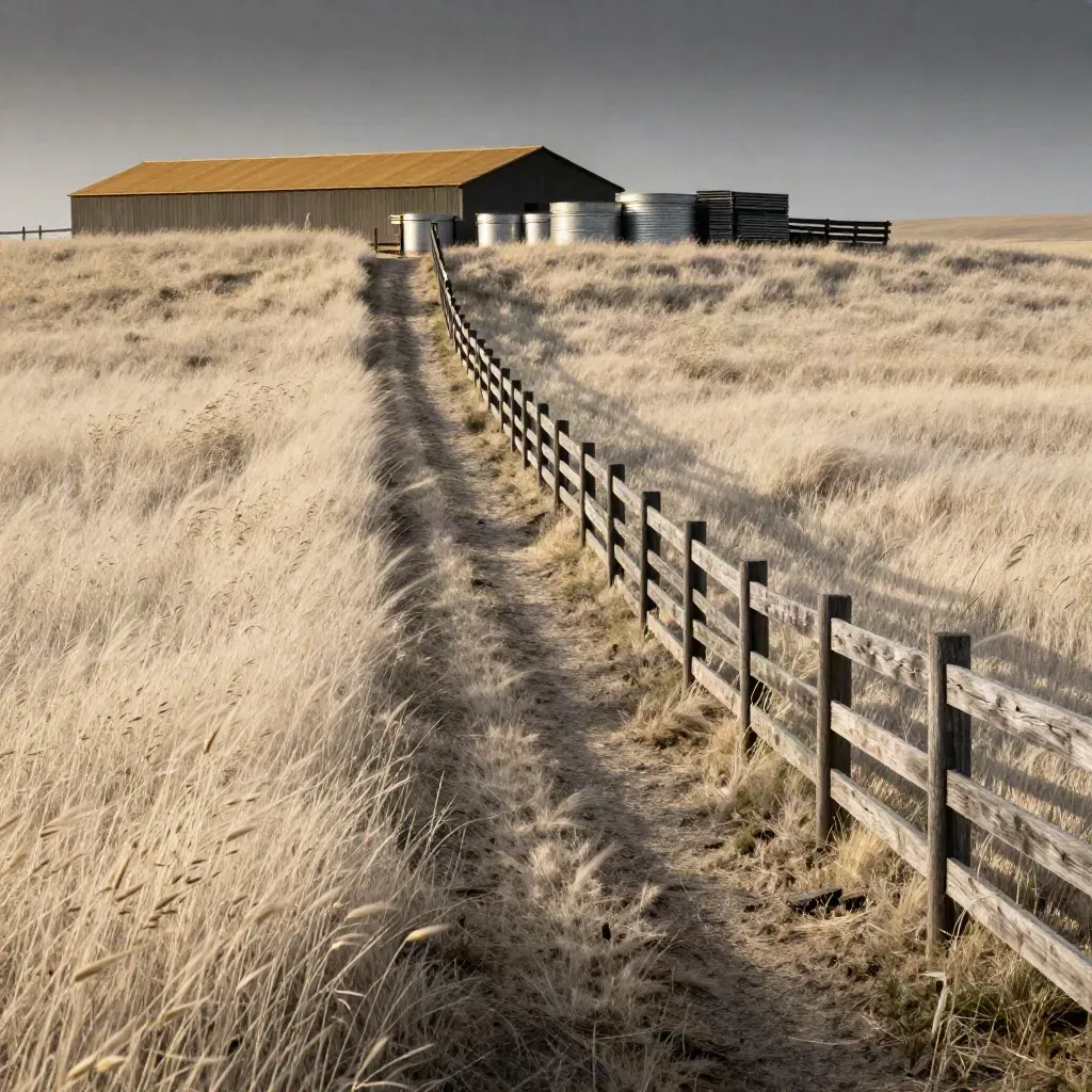 Golden farm lane with timber fencing, distant coop roof, and sunlit grass at golden hour.