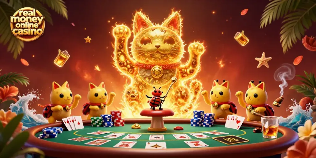 Experience the excitement of a real money online casino with a lucky cat illustration in vibrant casino-themed elements.
