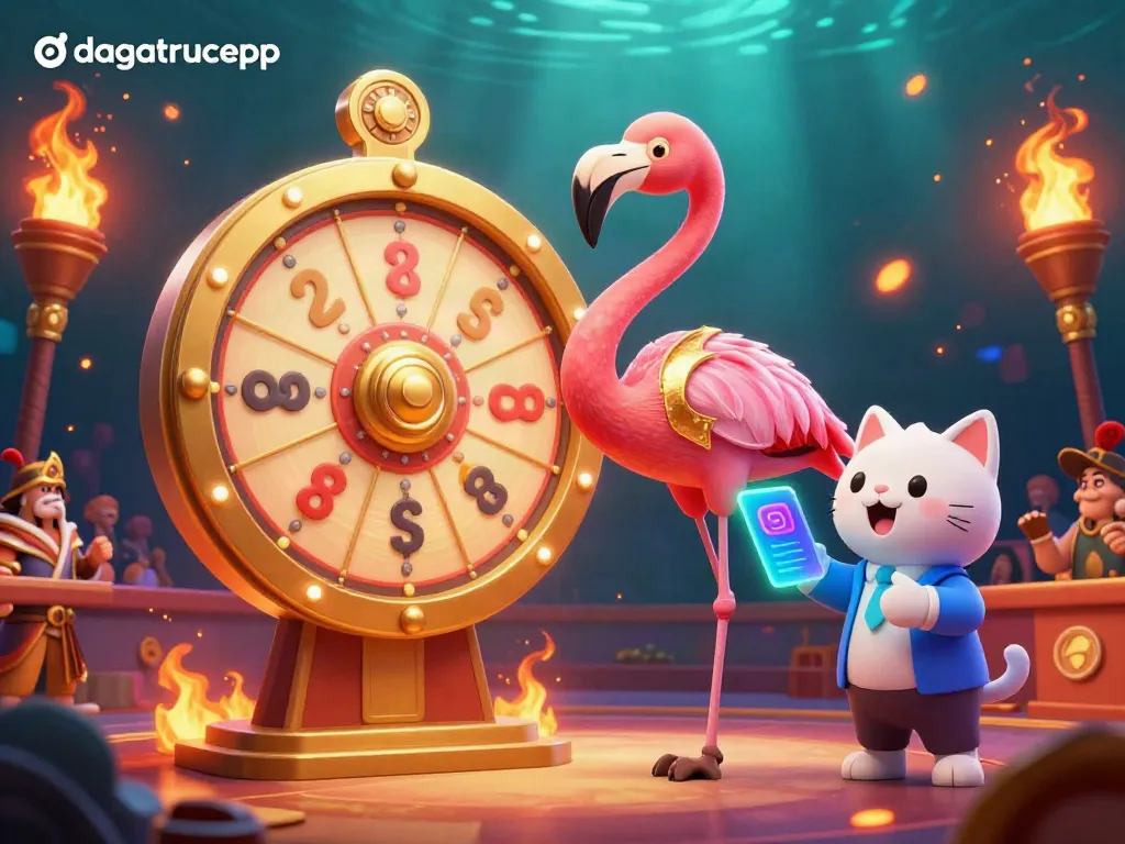 Experience the thrilling atmosphere of dagatructiepp with vibrant game show elements and cockfighting visuals.