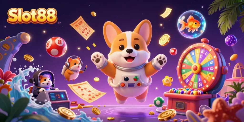 Engage with Slot88, where a 3D astronaut corgi floats amidst a casino of vivid game elements and dynamic action.