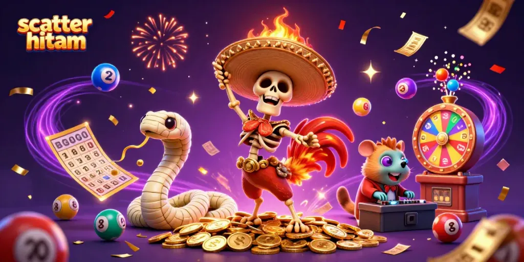 Play and win with scatter hitam in vibrant 3D casino scene full of energetic elements!
