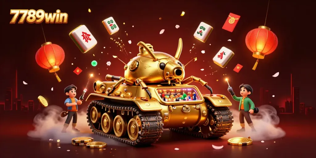 Experience the vibrant casino fun with 7789win's unique 3D illustration of a golden beetle tank filled with games and festive confetti.