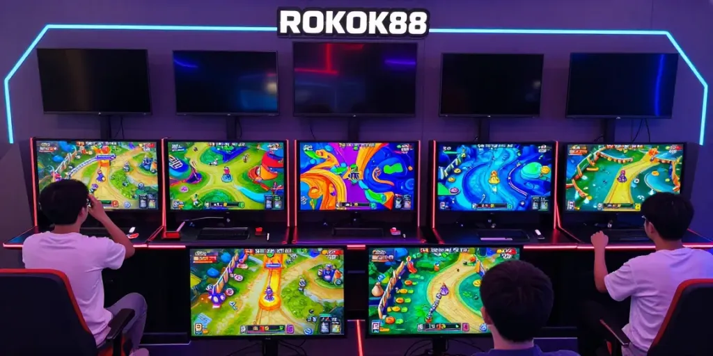 ROKOK88 gaming experience with players choosing game paths in an immersive lounge.