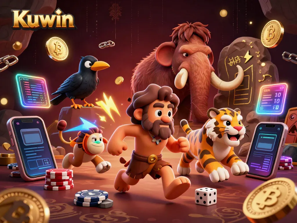 Kuwin casino features a caveman and tiger duo playing games with bitcoin coins and a crow keeping score.