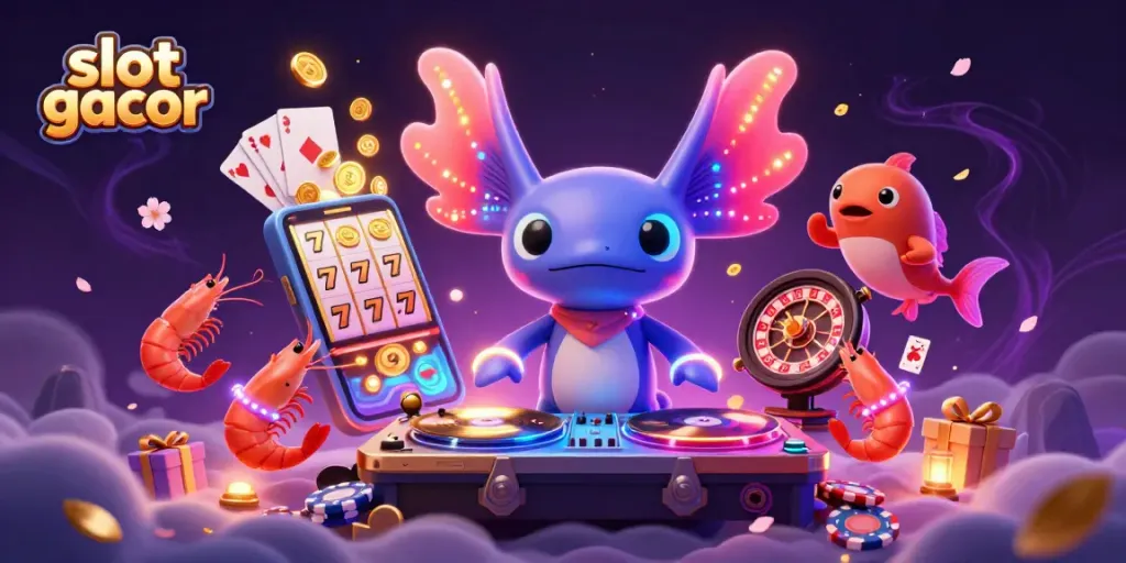 Experience the thrill of slot gacor with an axolotl DJ and glowing characters in a vibrant casino scene.