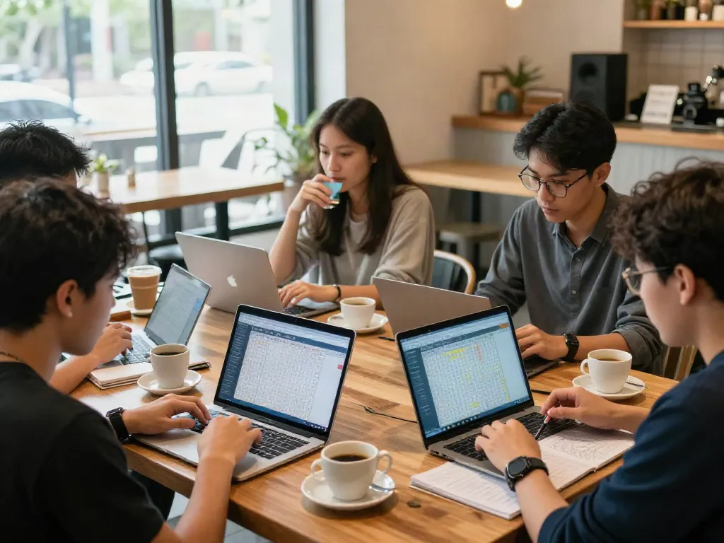 Engaged players analyzing amanahtoto angka peacewall data at a café.