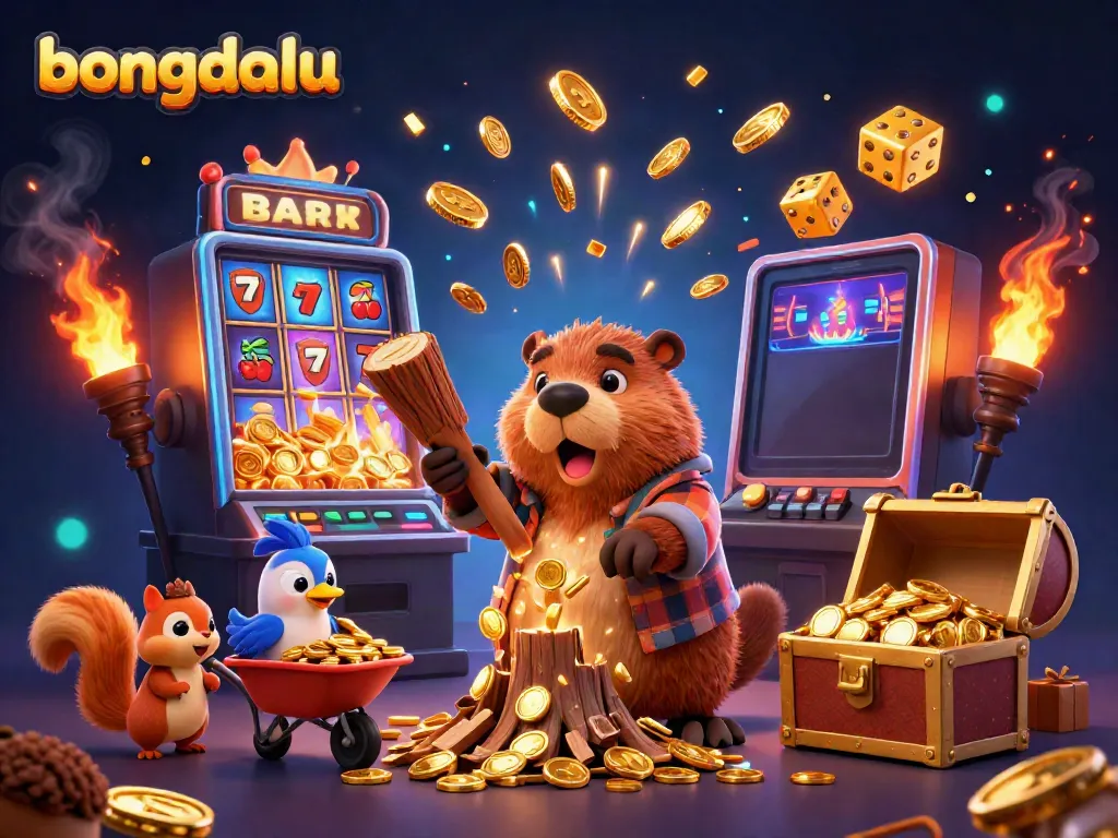 Bongdalu showcases a lively 3D scene with a beaver, bird, and squirrel enjoying a magical treasure-filled moment in casino gaming.