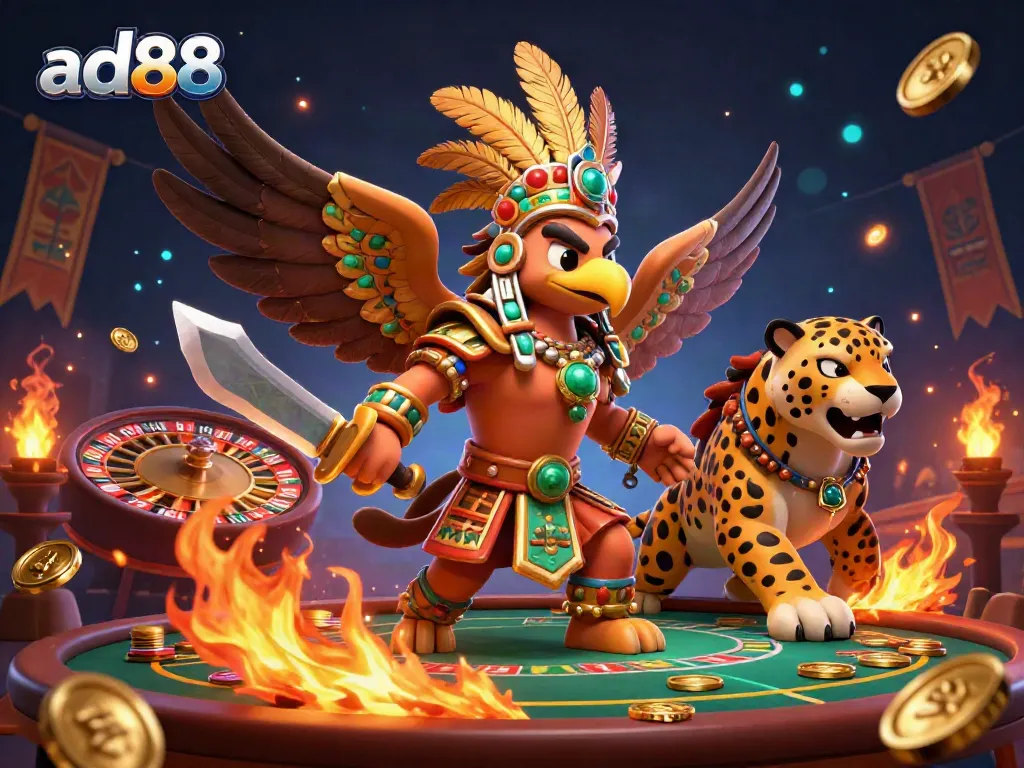 Experience the thrill of ad88 in a vibrant casino scene with Aztec warriors and dynamic gambling elements.