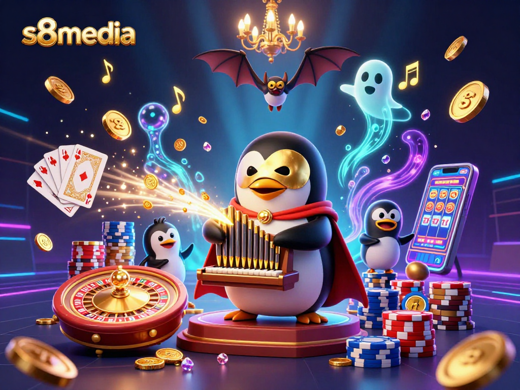 Win big with s8media in this vibrant, interactive casino scene featuring dynamic characters and games.