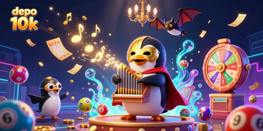 A vibrant jackpot scene with depo 10k insignia, showcasing a penguin organ player amidst dynamic lottery elements.