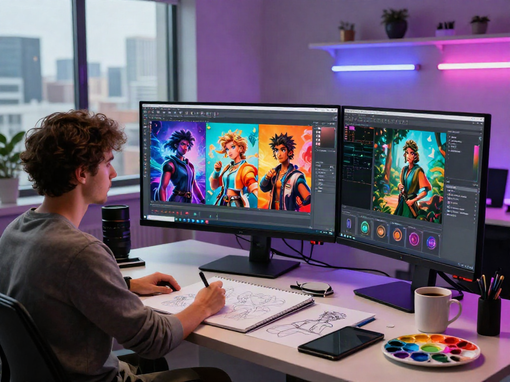 Dynamic nsfw AI art creation scene in a vibrant digital studio with character designs and artistic tools.
