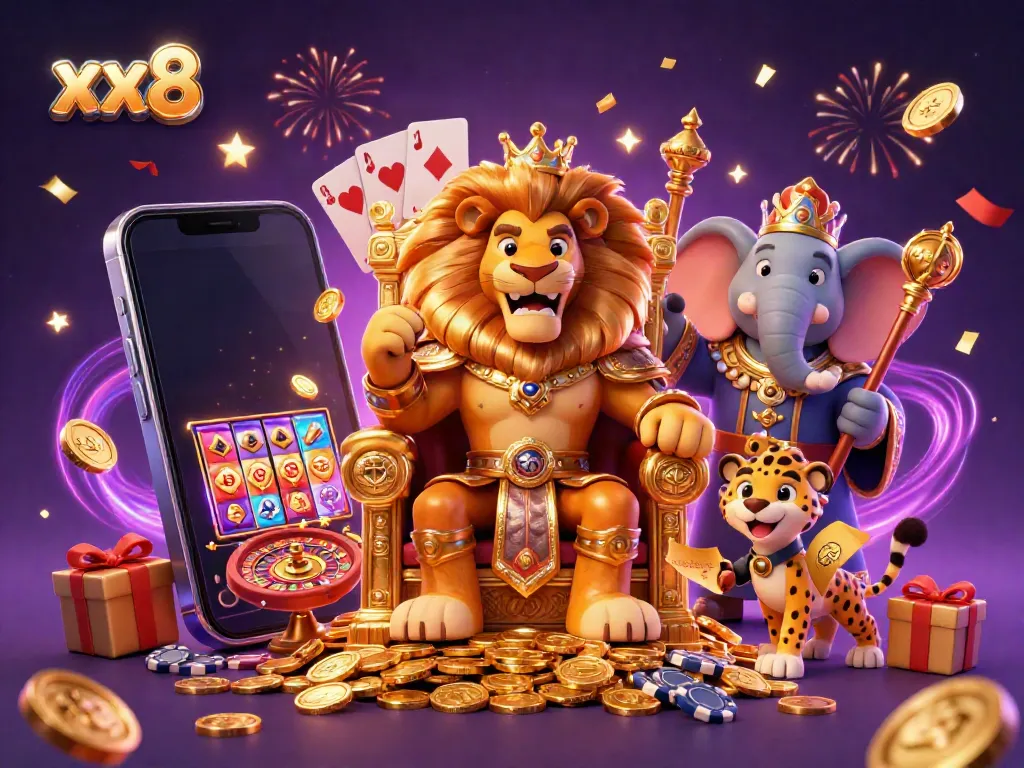 Engage in vibrant gaming excitement at xx8 featuring a lion king, elephant, and cheetah in a lively casino scene.
