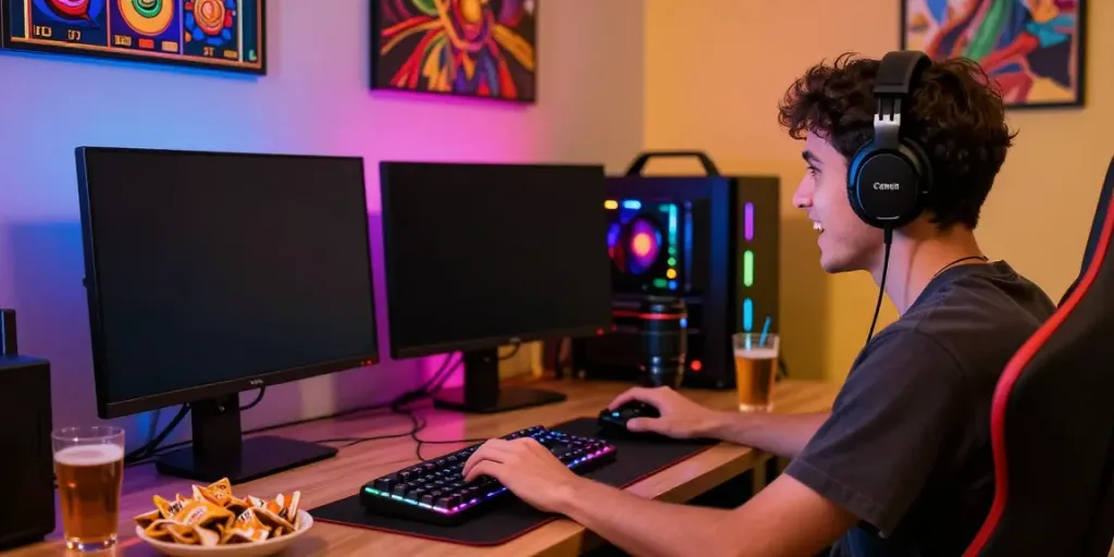 Engaged player enjoying an online slot game with vibrant graphics in a cozy gaming setup.
