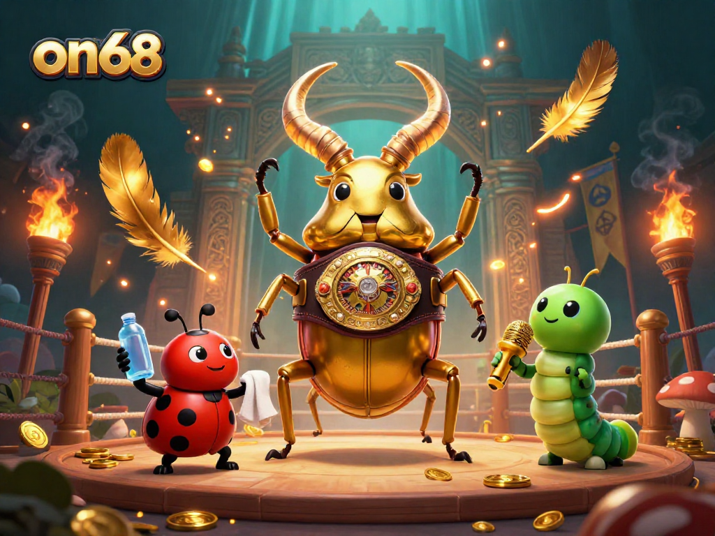 Engage with on68 through dynamic 3D scene featuring a golden stag beetle boxing champion amidst casino elements.