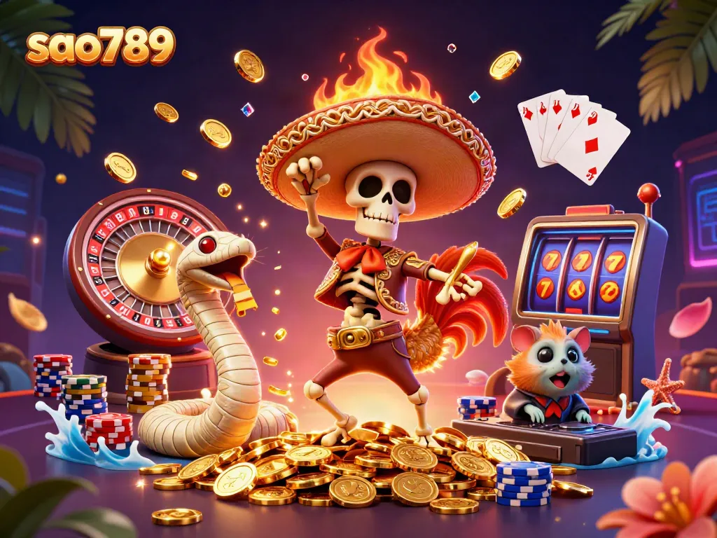 Sao789 features a vibrant casino scene with a dancing mariachi rooster, mummy snake, and DJ hamster amidst flying coins and a roulette wheel.
