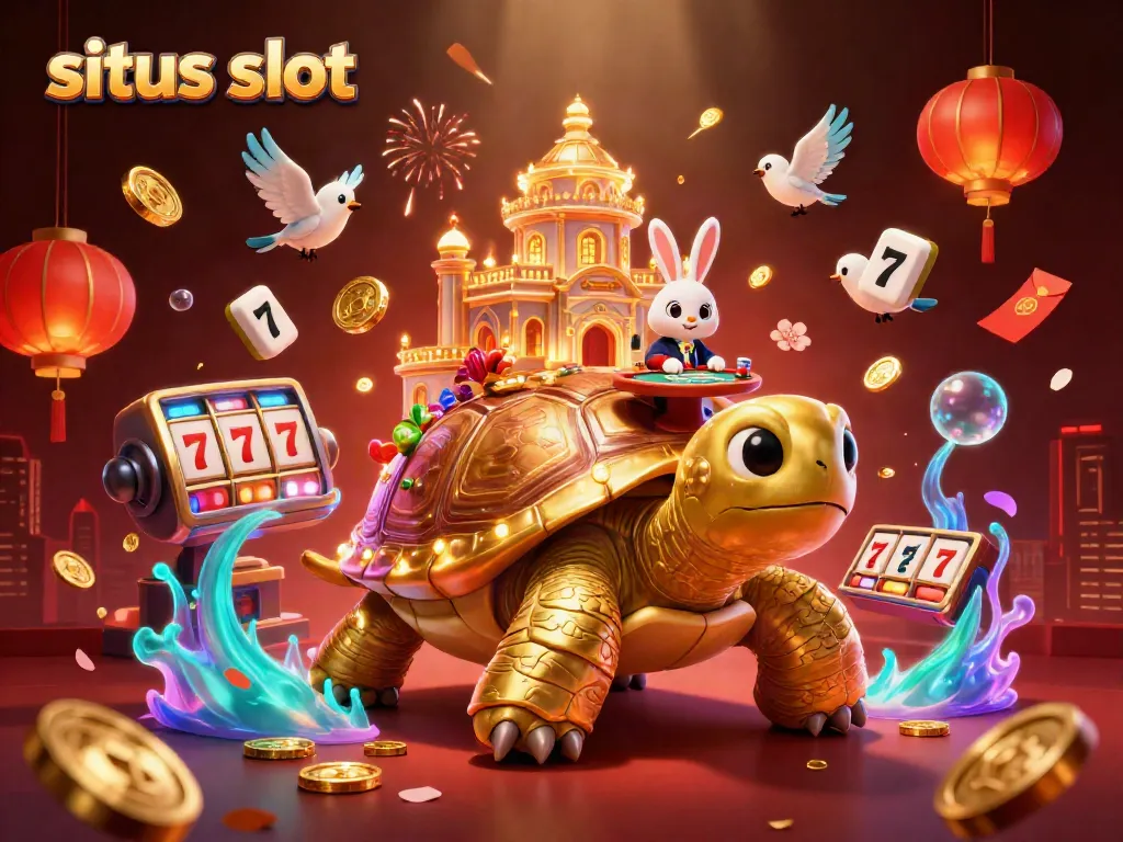 Spin the reels at situs slot with a golden tortoise, rabbit dealer, and floating casino elements.