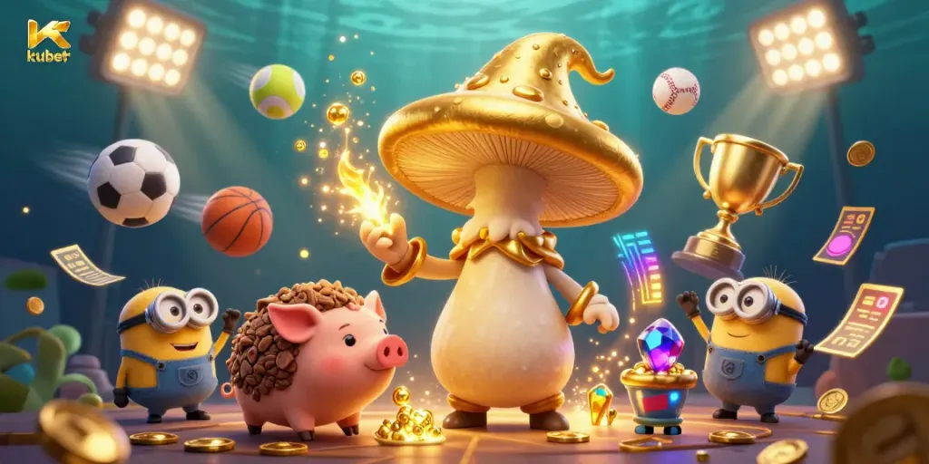 Experience the thrill of kubet with a vibrant 3D illustration of a golden wizard and sports elements.