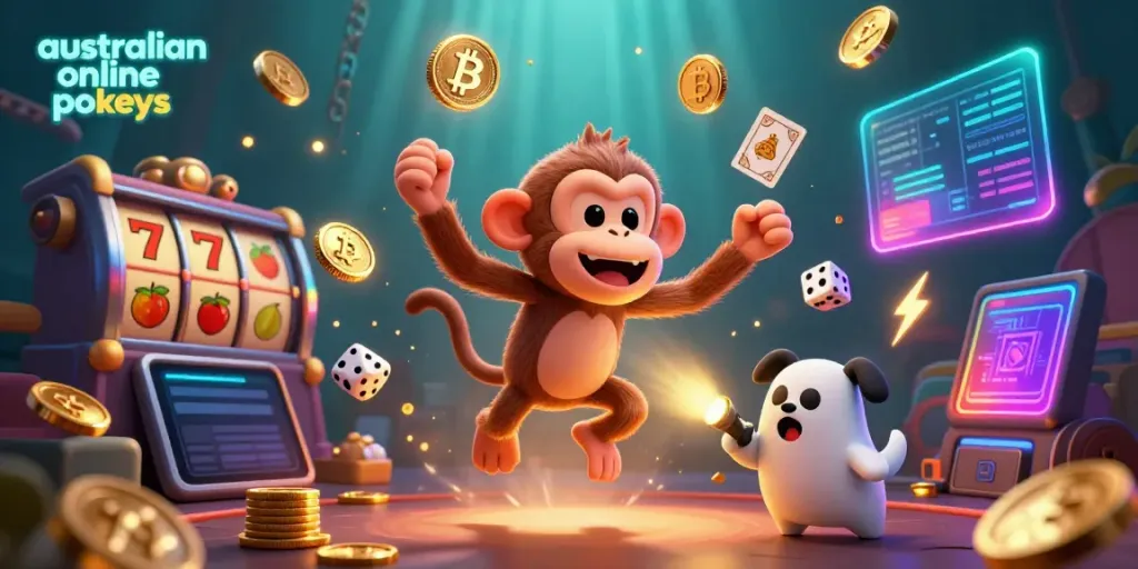 Experience thrilling gameplay with australian online pokies in this vibrant casino-themed illustration.