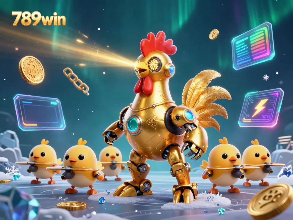 Engage with 789win's thrilling casino adventures featuring a golden rooster robot and baby chick drones.