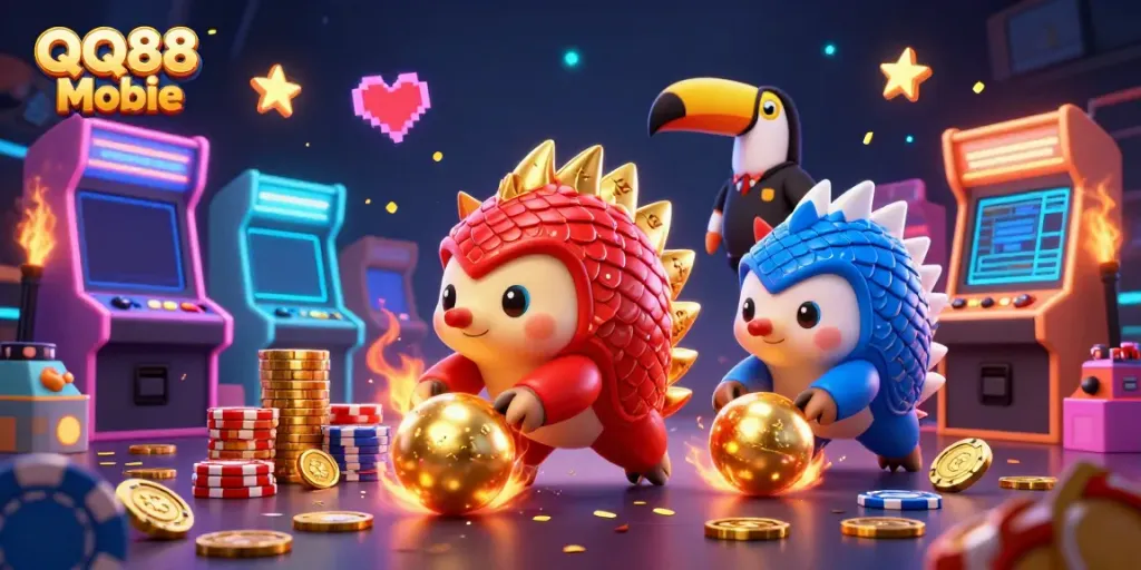 Ping pong pangolins engage in a thrilling QQ88 Mobie game, surrounded by casino-themed elements and colorful arcade machines.