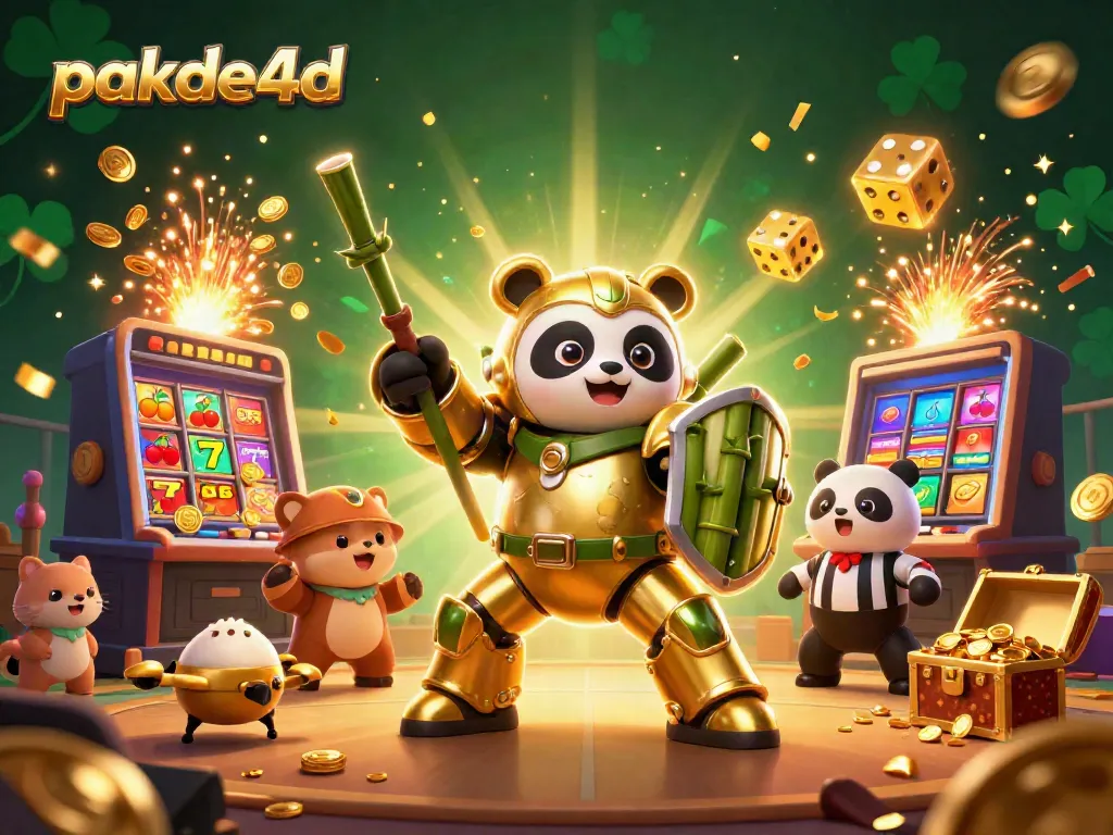 Experience pakde4d with a lively 3D scene of a golden panda in a mech fighting robot amidst vibrant casino elements.
