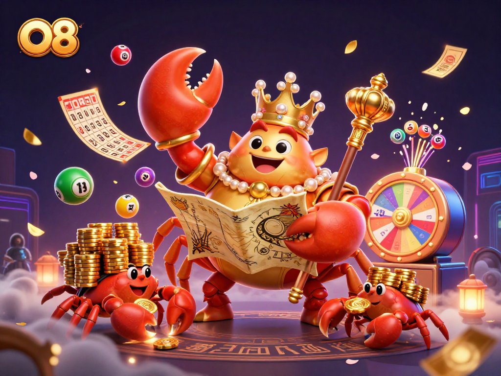 Join the vibrant gaming adventure with O8's golden crab emperor surrounded by exciting casino elements.