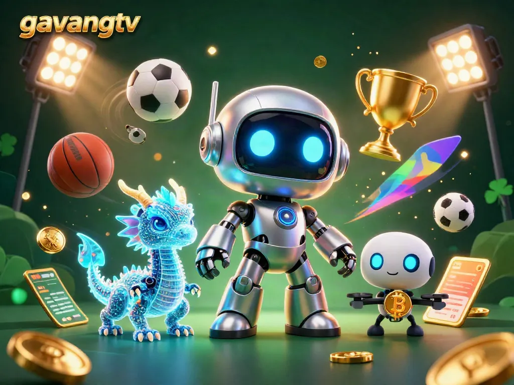 Experience thrilling sports action with gavangtv's energetic 3D scene featuring a cyberpunk robot and AI companions.