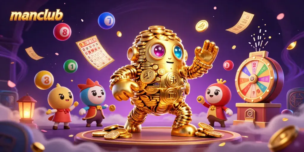 Join the excitement at manclub with a golden golem and vibrant gambling elements in this engaging casino scene.