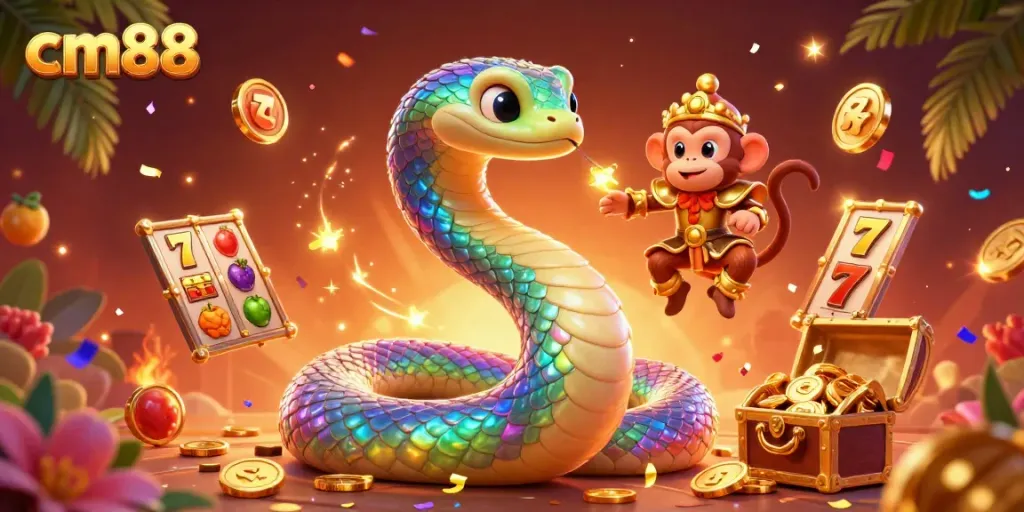 Witness cm88's vibrant casino scene with a rainbow serpent and monkey king celebrating luck with slots.